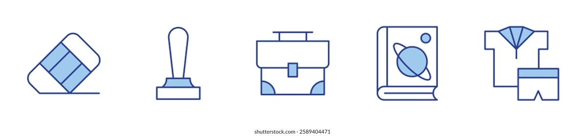 briefcase, astronomy, rubber, stamp, uniform. School Icon vector illustration. Line Duotone style. Editable stroke.