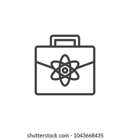 Briefcase with an atom outline icon. Science documents case linear style sign for mobile concept and web design. Education simple line vector icon. Symbol, logo illustration. Vector graphics