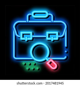 maleta de maleta de maleta de maletín de la comprobación del vector del signo de la luz de neón. Signo de comprobación de la bolsa de la cartera de la maleta de los iconos brillantes. ilustración de símbolo transparente