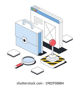 Briefcase bag, computer window, magnifier search, control panel. Vector 3d line isometric, color web icons, new flat style. Creative design idea for infographics.