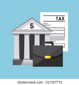 briefcase and bank icon with tax documents over blue background. tax time design. vector illustration