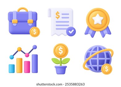 Maletín, billete, medalla, gráfico, globo, planta de monedas. Conjunto de iconos de Vector 3d de negocios. Estilo minimalista de dibujos animados.