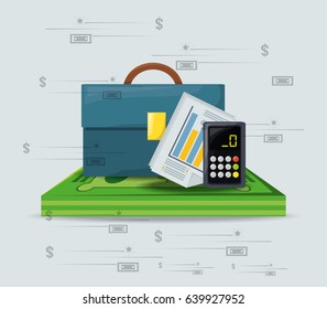 briefcase, bills and calculator over a lot of dollar currency