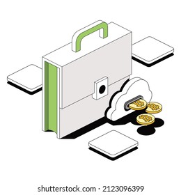Briefcase, bitcoin coins, cloud server. Vector 3d sketch line isometric style, color icon illustration. Creative design idea and infographics elements.