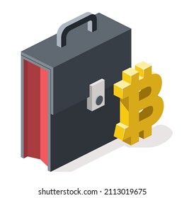 Briefcase bitcoin label. Vector 3d line isometric, color web icons, new flat style. Creative design idea for infographics.