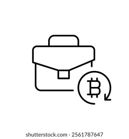 Briefcase and bitcoin in refresh arrow. Crypto investment portfolio. Pixel perfect vector icon