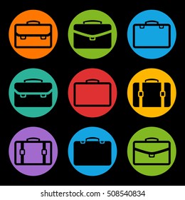 Briefcase black icon set isolated on a color circle  background