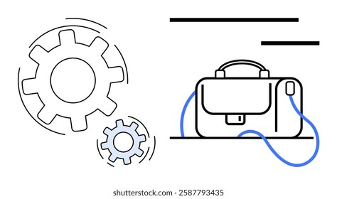 Briefcase with blue strap next to two interlocking gears in black and blue. Ideal for business, productivity, office, work, management, efficiency, and organization concepts. Line metaphor