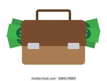 Briefcase with bribery bills on white background.