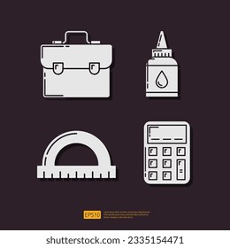 Briefcase business bag, liquid glue or ink bottle, arc ruler, digital calculator. School or office stationery glyph icon set. Vector Collection Illustration