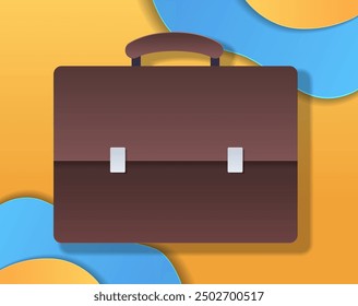 Briefcase business concept paper cut style brown briefcase with handle and clasps on yellow and blue abstract background