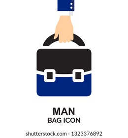 Briefcase or businessman bag vector icon isolated. Ministerial portfolio symbol with man hand in a suit holding suitcase