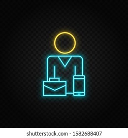 briefcase, businesswoman neon icon. Blue and yellow neon vector icon.