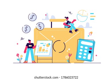 Briefcase, calculator and accountants working with graphs and laptop. Accounting, financial analysis and planning concept on white background. Bright vibrant violet vector isolated illustration