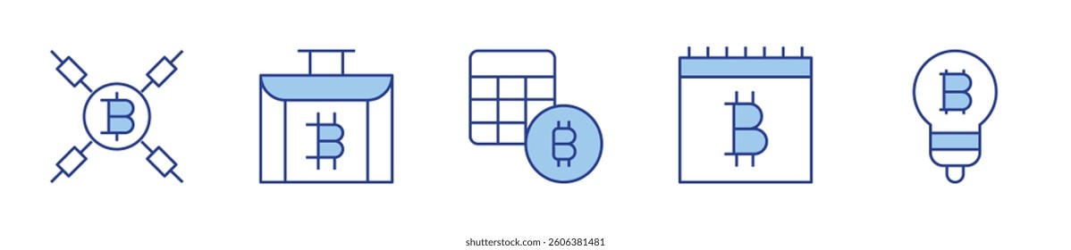 briefcase, calculator, calendar, idea, bitcoins. Bitcoin Icon vector illustration. Line Duotone style. Editable stroke.