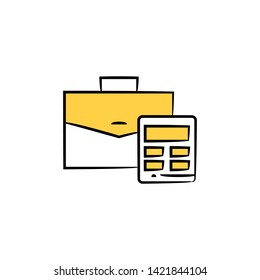 briefcase and calculator icon yellow hand drawn theme