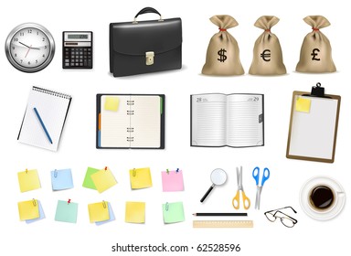 A briefcase, calculator, notebooks and some office and business supplies. Vector.