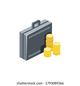 Briefcase case money coins. Vector 3d isometric, color web icons set, new flat style. Creative illustration, idea for infographics.
