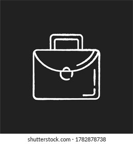 Briefcase chalk white icon on black background. School bag. Professional woman suitcase. Man leather bag for office. Baggage with lock and handle. Isolated vector chalkboard illustration