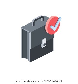 Briefcase check mark. Vector 3d isometric, color web icon, new flat style. Creative illustration design, isolated graphic idea for infographics.