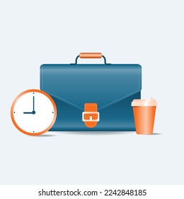 Maletín con reloj y café. Concepto de gestión del tiempo.  Ilustración del vector