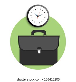 Briefcase and clock icons. Business concept for office workers. Time to come to work