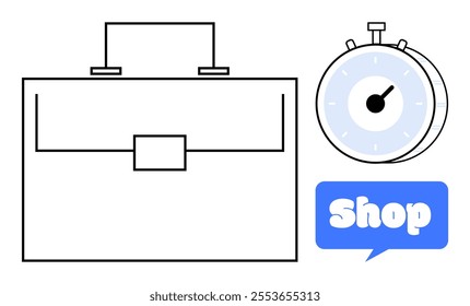 A briefcase, clock, and shop text highlight themes of time management, business, and e-commerce. Ideal for business presentations, time management strategies, e-commerce platforms, productivity