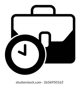 Briefcase with clock solid icon, remote work concept. Vector graphics. Portfolio bag and task schedule sign on white background, style mobile or design