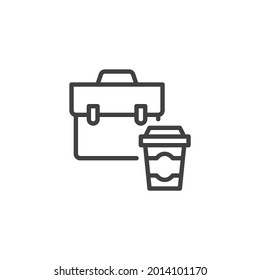 Briefcase and coffee cup line icon. linear style sign for mobile concept and web design. Coffee and suitcase outline vector icon. Symbol, logo illustration. Vector graphics