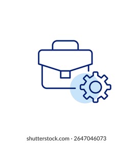 Briefcase and cogwheel. Business settings, professional tools configuration, work management, career profile setup, job system control. Pixel perfect, editable stroke vector icon