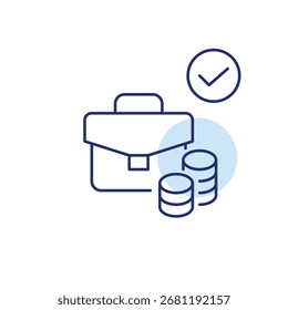 Briefcase, coins stack and checkmark. Approved deal, growth and finances. Pixel perfect, editable stroke vector icon