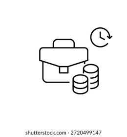 Maletín, pila de monedas y reloj. Rentabilidad de la inversión, Cartera y trabajo. Icono de Vector de trazo perfecto y editable
