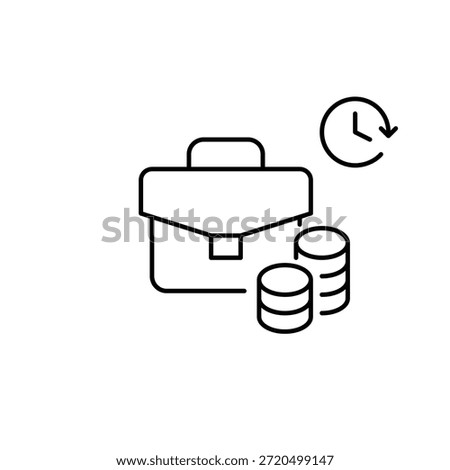 Briefcase, coins stack and clock. Investment return, portfolio and work. Pixel perfect, editable stroke vector icon
