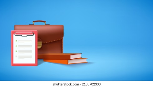 Briefcase with contract and books. 3d vector banner with copy space