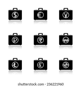 Briefcase with currency symbols