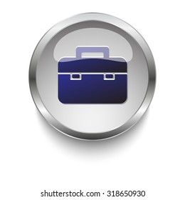 Briefcase dark blue vector icon on a glossy glass button with chrome on white background