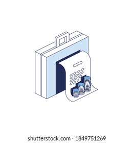 Briefcase document coins. Vector 3d line isometric, color web icons, new flat style. Creative illustration, idea for infographics.