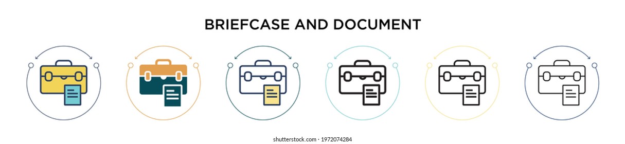 Briefcase and document icon in filled, thin line, outline and stroke style. Vector illustration of two colored and black briefcase and document vector icons designs can be used for mobile, ui, web