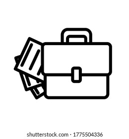 Briefcase and document simple black and white outline icon. Flat vector illustration. Isolated on white background.