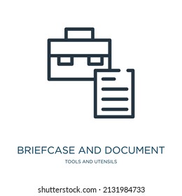 briefcase and document thin line icon. briefcase, portfolio linear icons from tools and utensils concept isolated outline sign. Vector illustration symbol element for web design and apps.