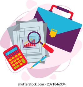 Briefcase with documents, money calculator and magnifying glass, documents. Working documents of the tax or accounting department. Vector illustration in a flat style.