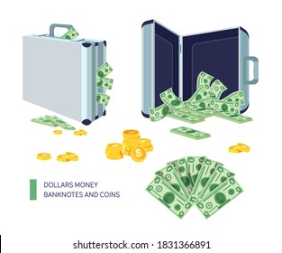 Briefcase with dollar bills in a closed and open suitcase. Dollars money banknotes and coins. Treasure bag, bonus game element coins cartoon vector