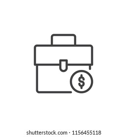 Briefcase and dollar coin outline icon. linear style sign for mobile concept and web design. Suitcase with Money simple line vector icon. Symbol, logo illustration. Pixel perfect vector graphics