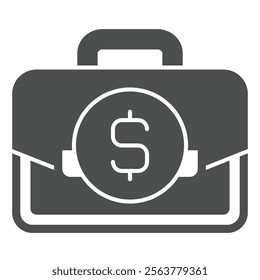 Briefcase with dollar coin solid icon, financial advice concept. Vector graphics. Portfolio bag and money coin sign on white background, glyph style icon for mobile or web design