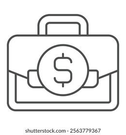 Briefcase with dollar coin thin line icon, financial advice concept. Vector graphics. Portfolio bag and money coin sign on white background, outline style icon for mobile or web design