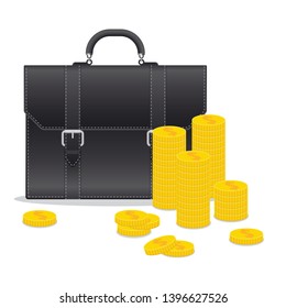 Briefcase and dollar coins vector illustration isolated on white background