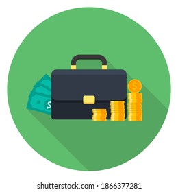 Briefcase, Dollar money cash icon, Gold coin stack icon vector isolated. Flat style vector illustration.