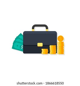 Briefcase, Dollar money cash icon, Gold coin stack Shadow vector isolated. Flat style vector illustration.