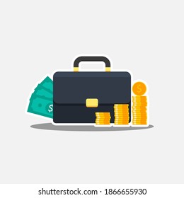 Briefcase, Dollar money cash icon, Gold coin stack White Stroke and Shadow icon vector isolated. Flat style vector illustration.