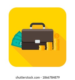 Briefcase, Dollar money cash icon, Gold coin stack icon vector isolated. Flat style vector illustration.